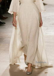 Natural Beige V Neck Patchwork Cotton Maxi Dresses Fall