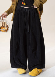 Natural Black High Waist Corduroy Solid Wide Leg Pants Fall