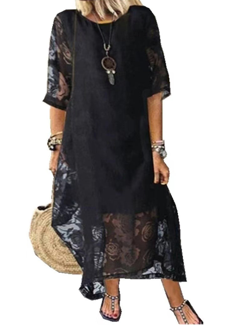 Natural Black Hollow Out Lace Holiday Dresses Summer