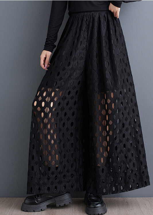 Natural Black Hollow Out Wide Leg Pants Trousers Summer