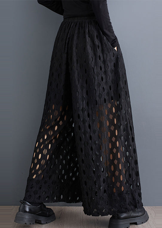Natural Black Hollow Out Wide Leg Pants Trousers Summer