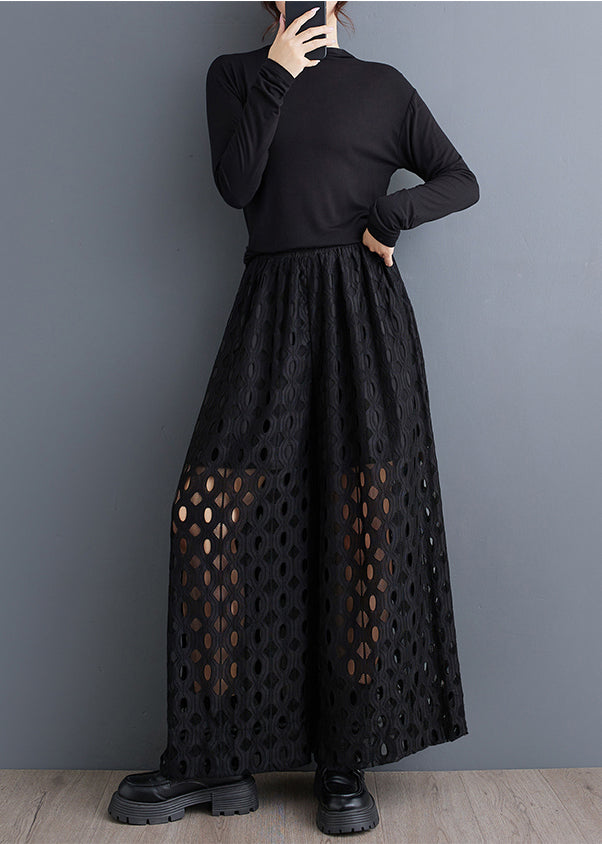 Natural Black Hollow Out Wide Leg Pants Trousers Summer