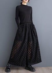 Natural Black Hollow Out Wide Leg Pants Trousers Summer