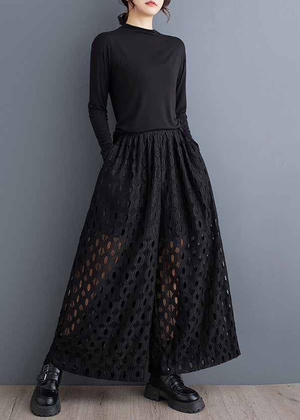 Natural Black Hollow Out Wide Leg Pants Trousers Summer