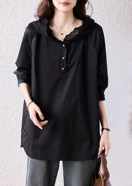 Natural Black Hooded Lace Patchwork Cotton Pullover Sweatshirt Fall