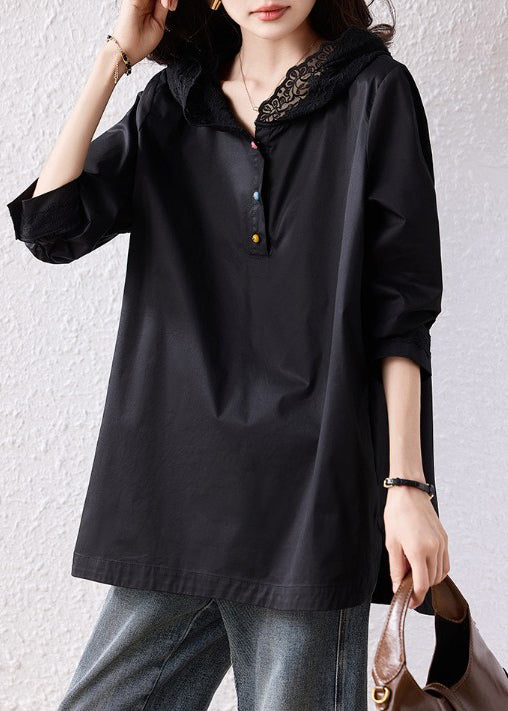 Natural Black Hooded Lace Patchwork Cotton Pullover Sweatshirt Fall