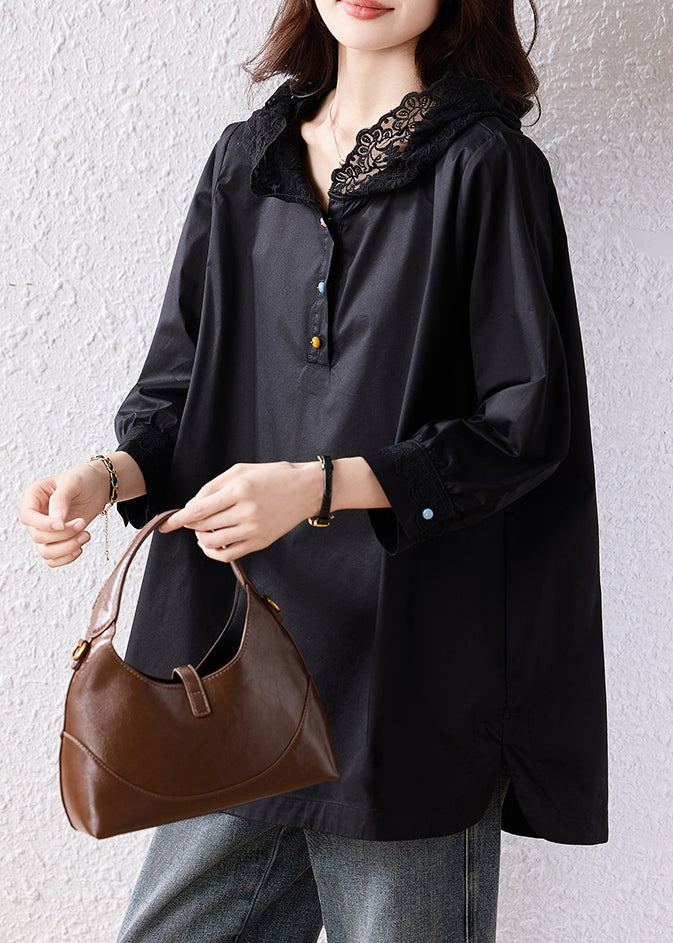 Natural Black Hooded Lace Patchwork Cotton Pullover Sweatshirt Fall
