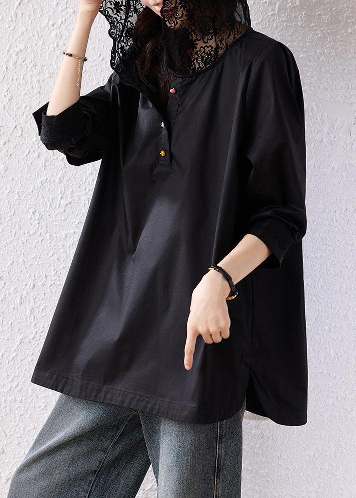 Natural Black Hooded Lace Patchwork Cotton Pullover Sweatshirt Fall