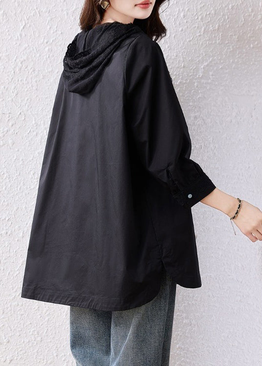 Natural Black Hooded Lace Patchwork Cotton Pullover Sweatshirt Fall