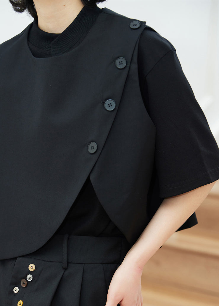 Natural Black O-Neck Asymmetrical Patchwork Waistcoat Sleeveless