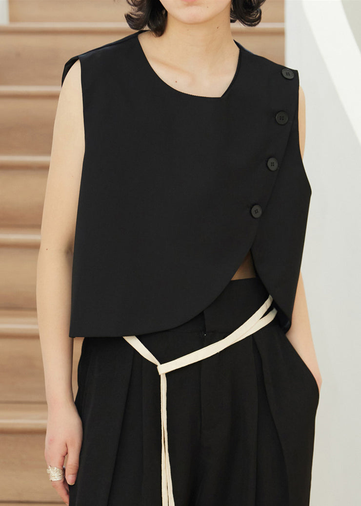 Natural Black O-Neck Asymmetrical Patchwork Waistcoat Sleeveless