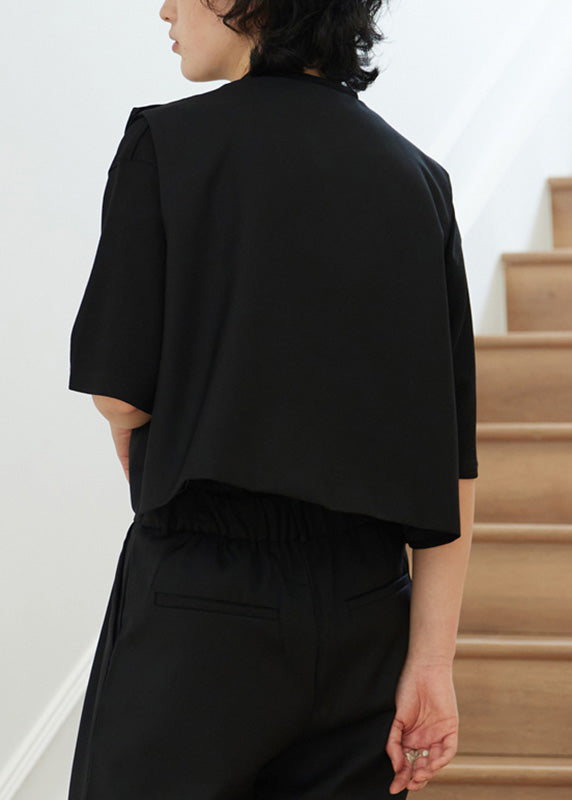 Natural Black O-Neck Asymmetrical Patchwork Waistcoat Sleeveless