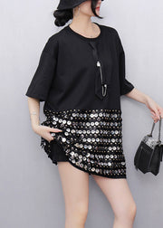 Natural Black O-Neck Patchwork Sequins T Shirts Short Sleeve