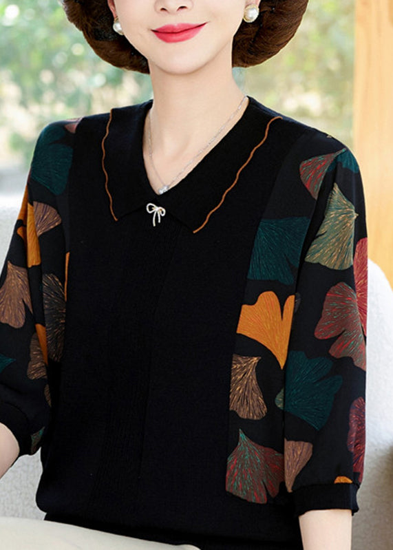 Natural Black O-Neck Print Chiffon Patchwork Knit Shirts Lantern Sleeve