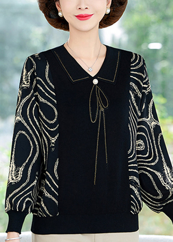 Natural Black O-Neck Print Chiffon Patchwork Knit Shirts Lantern Sleeve