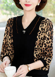 Natural Black O-Neck Print Chiffon Patchwork Knit Shirts Lantern Sleeve