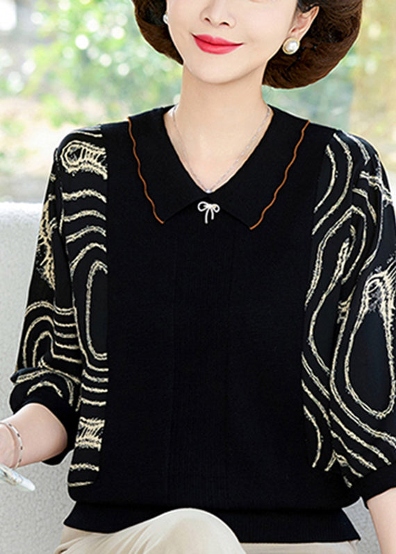 Natural Black O-Neck Print Chiffon Patchwork Knit Shirts Lantern Sleeve