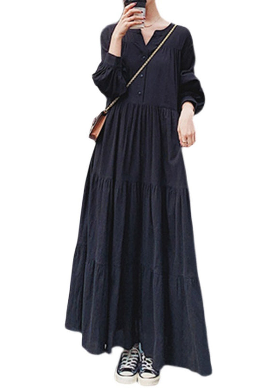Natural Black Oversized Wrinkled Cotton Shirt Dress Fall