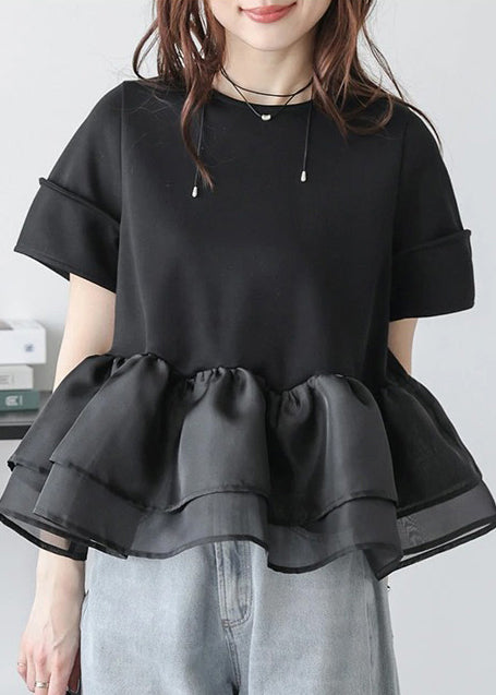 Natural Black Ruffles Patchwork Organza Tank Summer