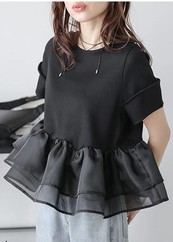 Natural Black Ruffles Patchwork Organza Tank Summer