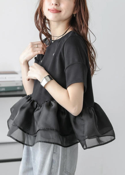 Natural Black Ruffles Patchwork Organza Tank Summer