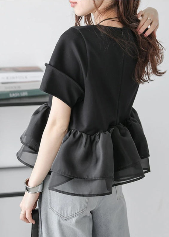 Natural Black Ruffles Patchwork Organza Tank Summer