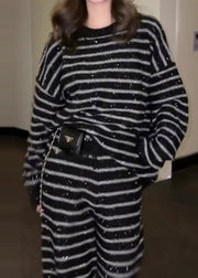 Natural Black Sequins Striped Knit Two Pieces Set Winter