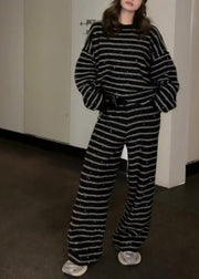 Natural Black Sequins Striped Knit Two Pieces Set Winter