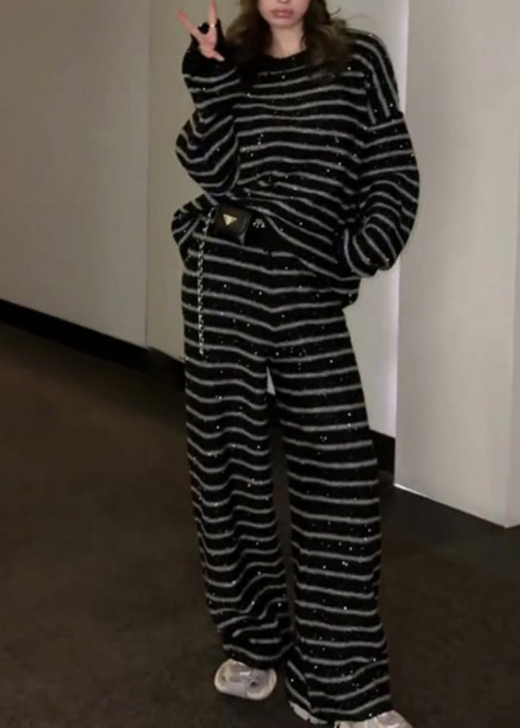 Natural Black Sequins Striped Knit Two Pieces Set Winter