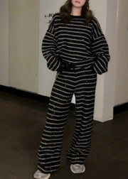 Natural Black Sequins Striped Knit Two Pieces Set Winter