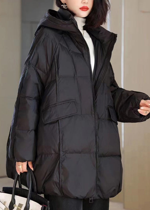 Natural Black Stand Collar Pockets Solid Hooded Puffer Jacket Winter