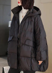 Natural Black Stand Collar Pockets Solid Hooded Puffer Jacket Winter