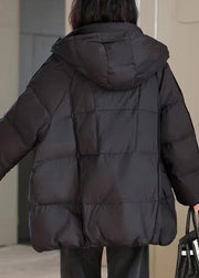 Natural Black Stand Collar Pockets Solid Hooded Puffer Jacket Winter