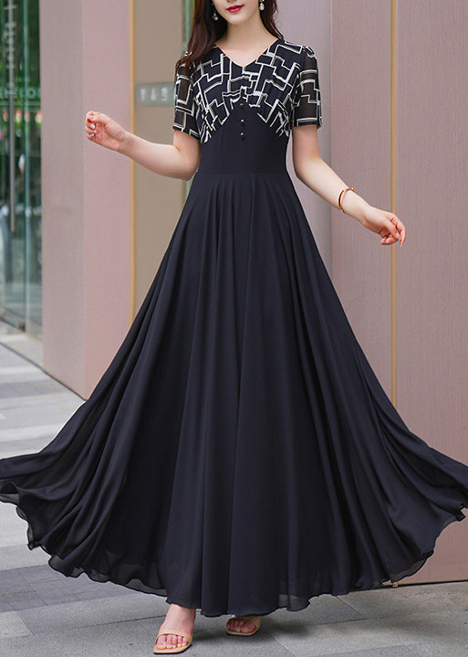 Natural Black V Neck Patchwork Chiffon Long Dresses Summer