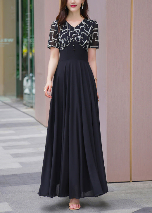 Natural Black V Neck Patchwork Chiffon Long Dresses Summer