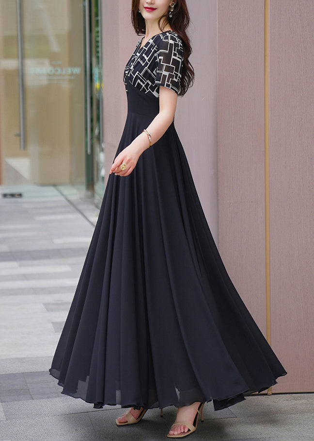 Natural Black V Neck Patchwork Chiffon Long Dresses Summer