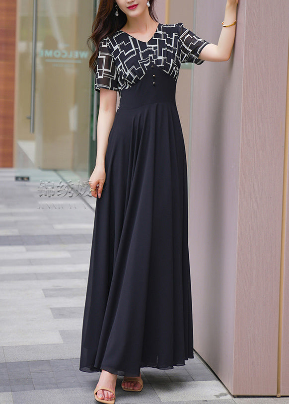 Natural Black V Neck Patchwork Chiffon Long Dresses Summer
