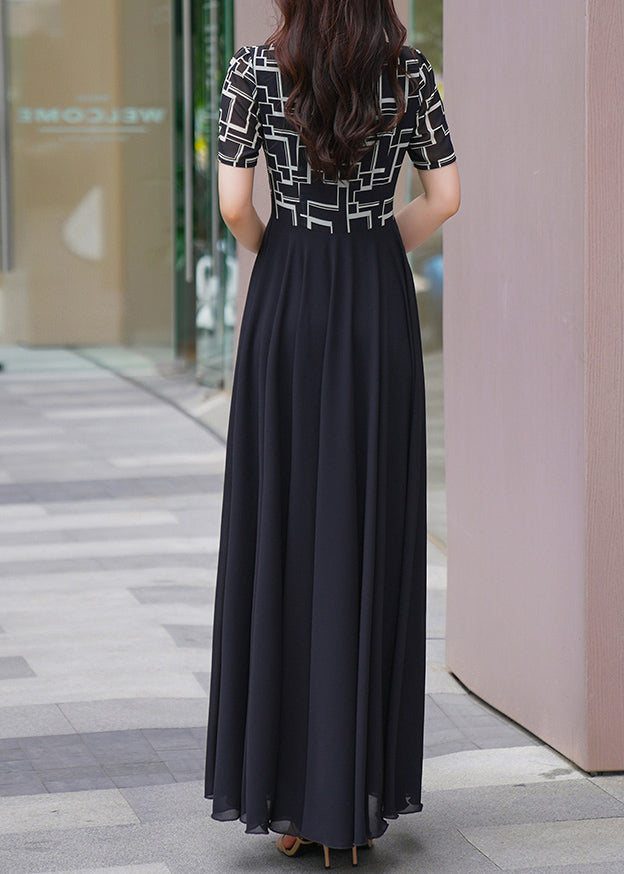 Natural Black V Neck Patchwork Chiffon Long Dresses Summer