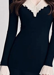 Natural Black V Neck Patchwork Knit Mid Sweater Dress Fall