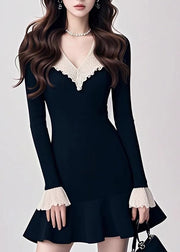 Natural Black V Neck Patchwork Knit Mid Sweater Dress Fall
