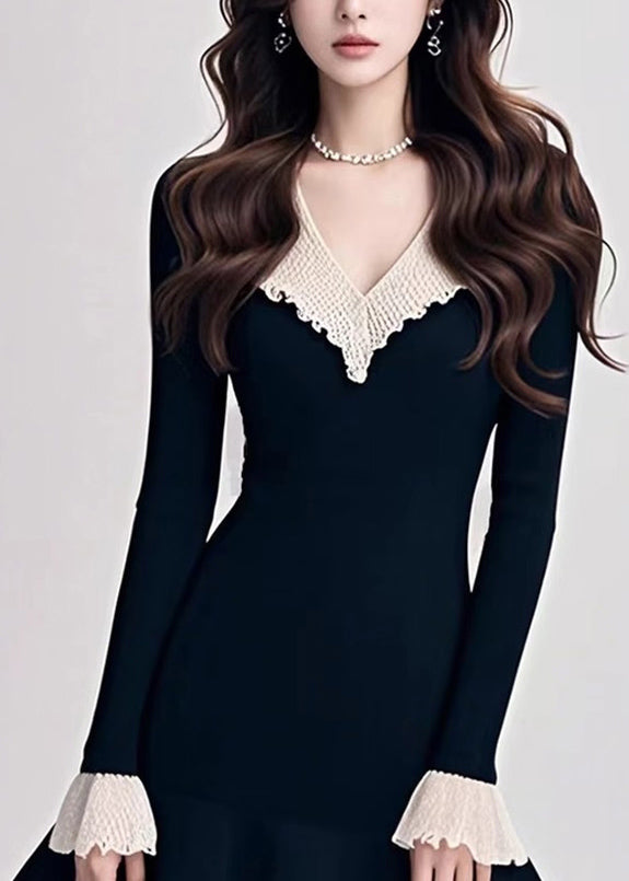 Natural Black V Neck Patchwork Knit Mid Sweater Dress Fall