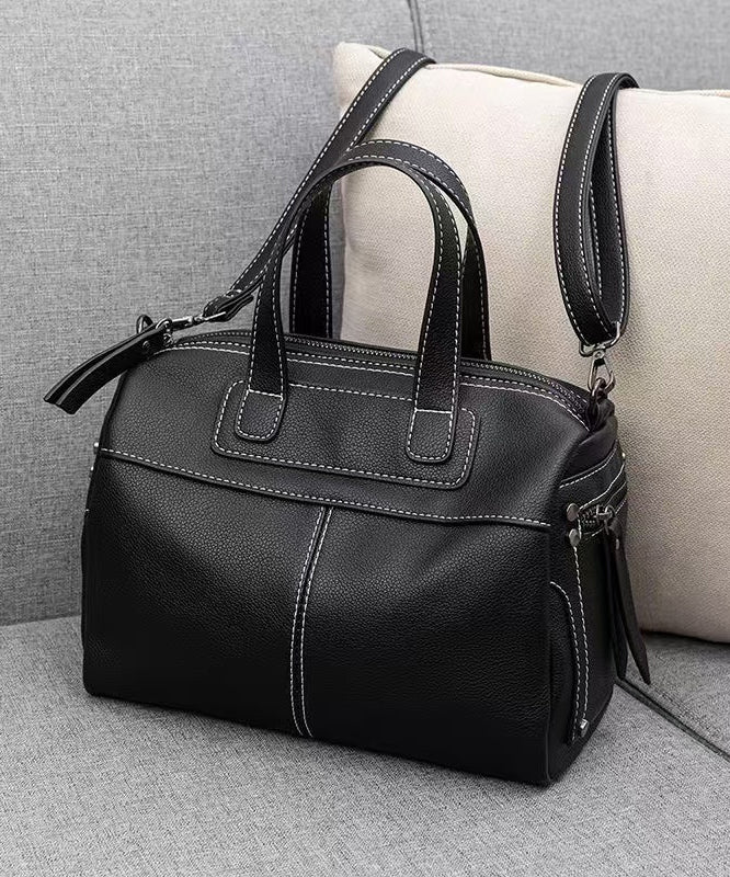 Natural Black Versatile Large Capacity Calf Leather Tote Handbag