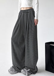Natural Black White Striped Pockets Elastic Waist Wide Leg Pants Spring