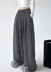 Natural Black White Striped Pockets Elastic Waist Wide Leg Pants Spring