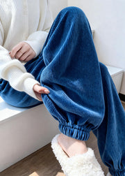 Natural Blue Elastic Waist Pockets Corduroy Fleece Beam Pants Winter