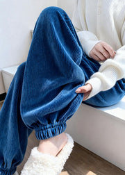 Natural Blue Elastic Waist Pockets Corduroy Fleece Beam Pants Winter