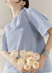 Natural Blue O-Neck Striped Bow Tops Summer