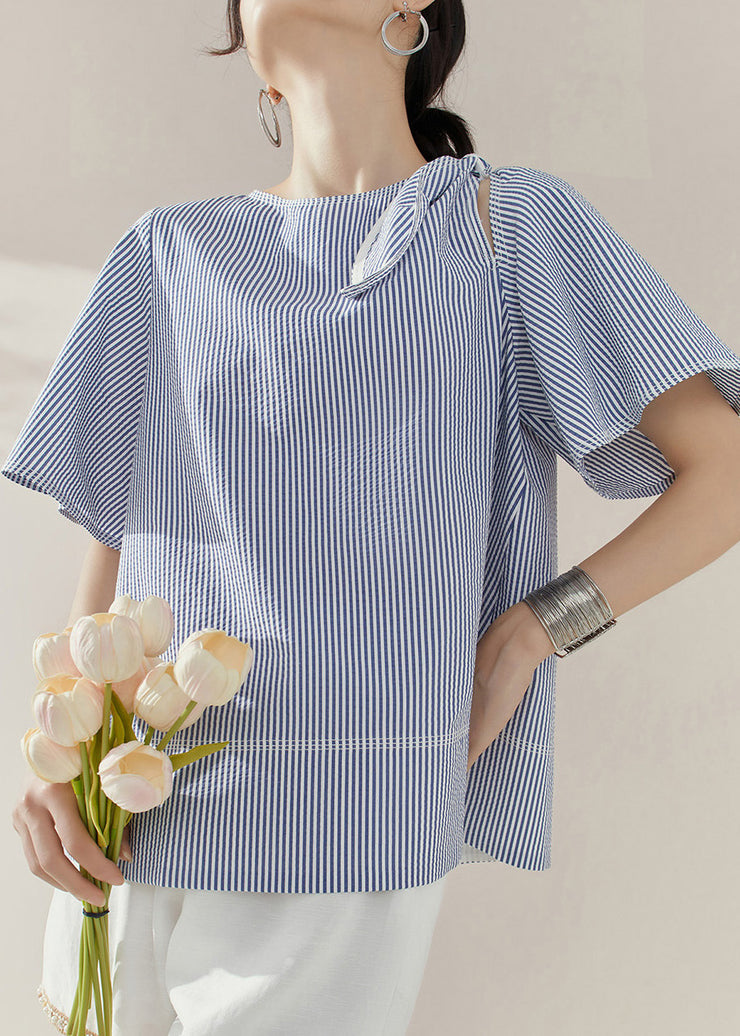 Natural Blue O-Neck Striped Bow Tops Summer