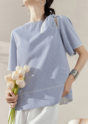 Natural Blue O-Neck Striped Bow Tops Summer