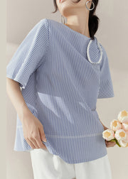 Natural Blue O-Neck Striped Bow Tops Summer